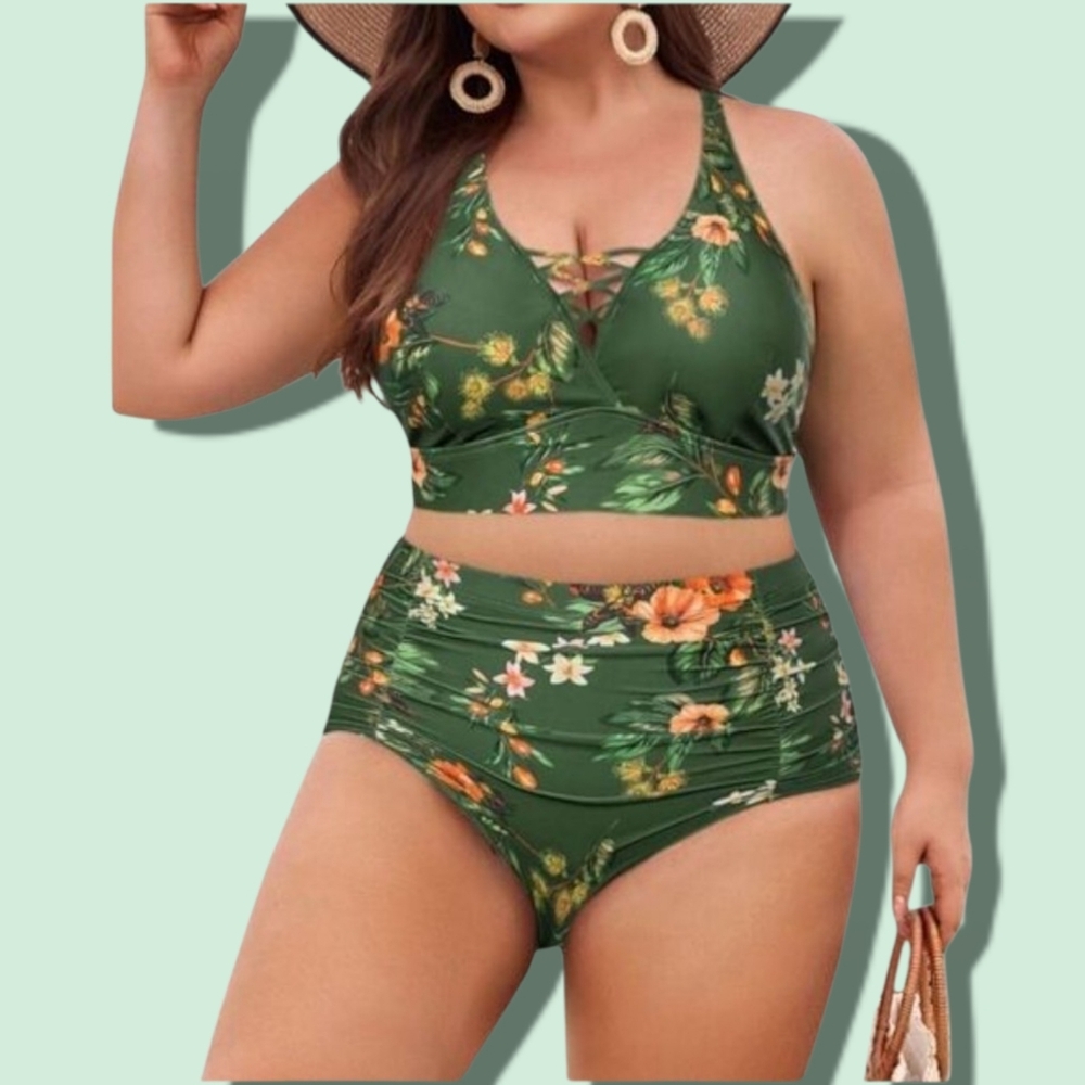 HANNA NIKOLE Floral Green HalterTop Tummy Control 14W Swimsuit